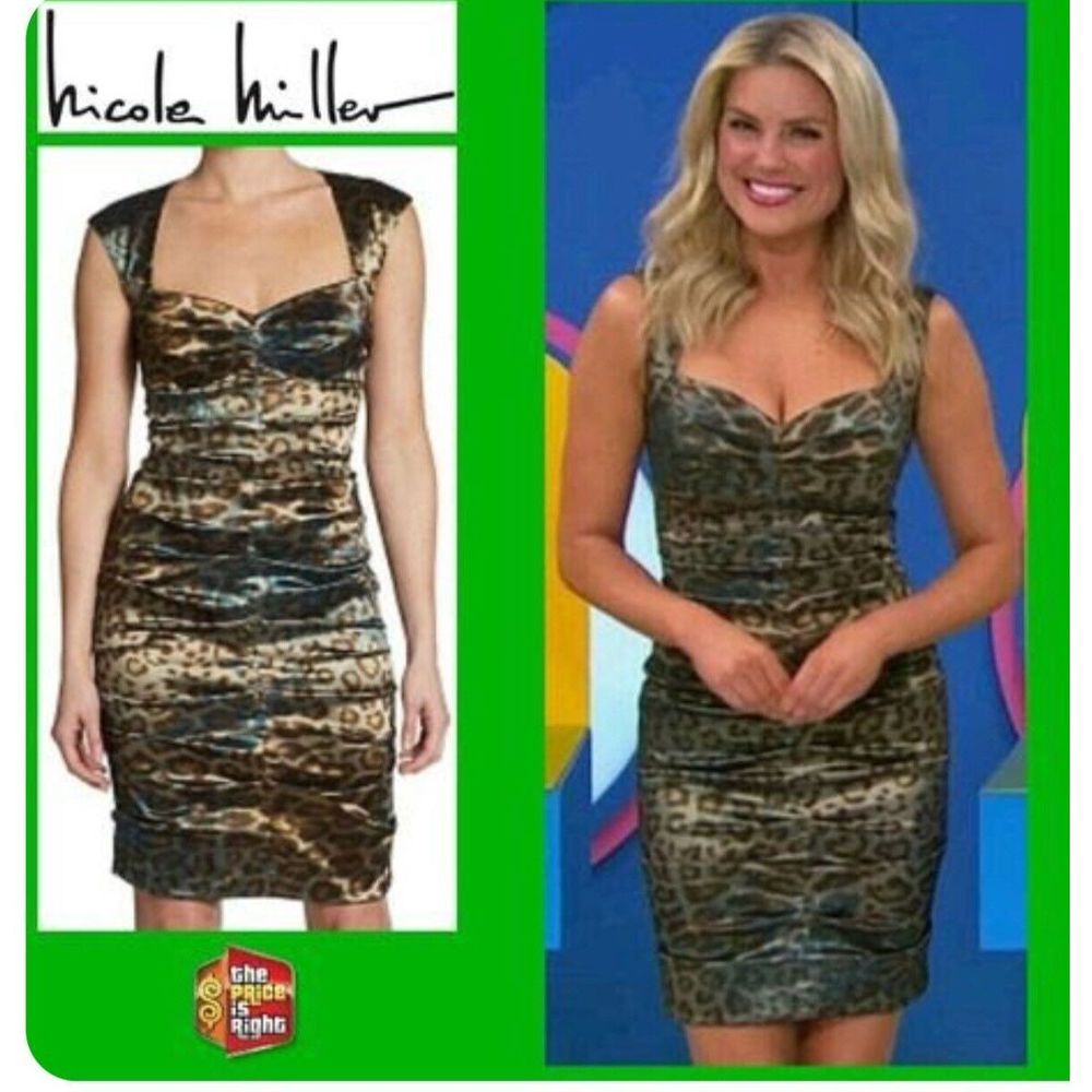 Nicole Miller Leopard Teal Blue Bronzed Sweetheart Sexy Ruched Dress, Size 4